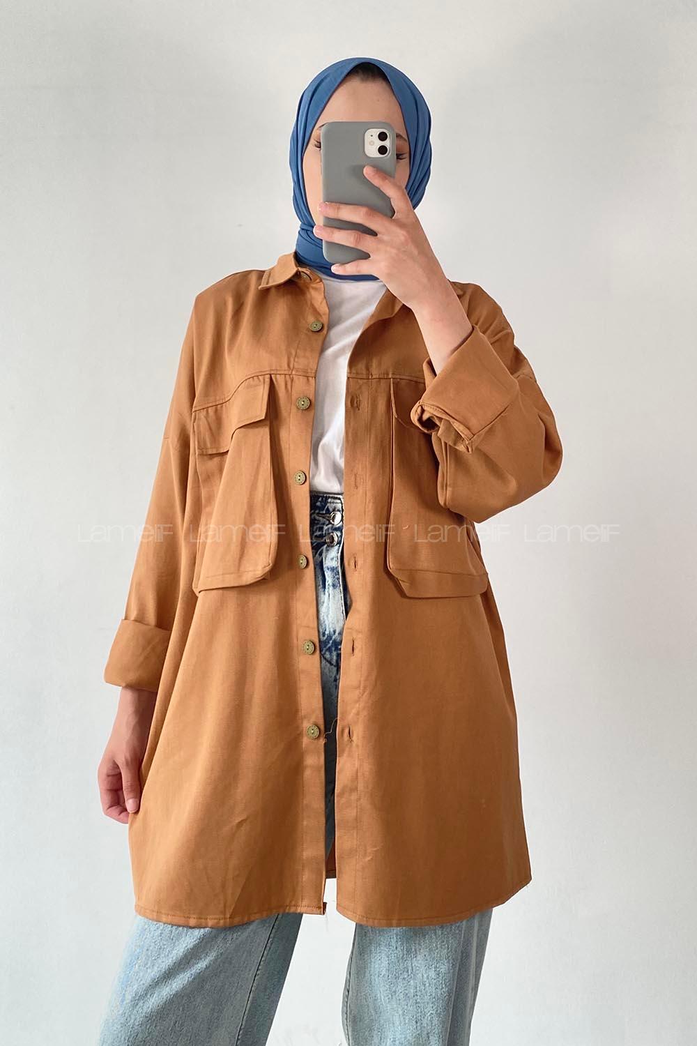 Lamelif Bombe Cepli Gabardin Gömlek Camel