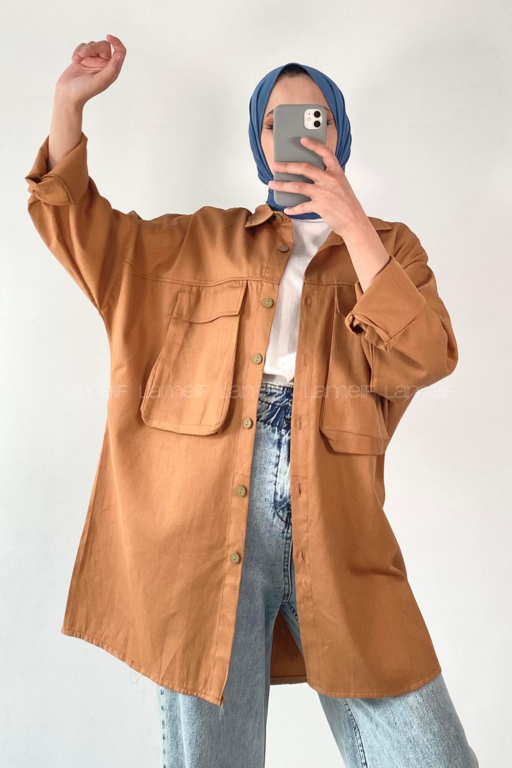 Lamelif Bombe Cepli Gabardin Gömlek Camel