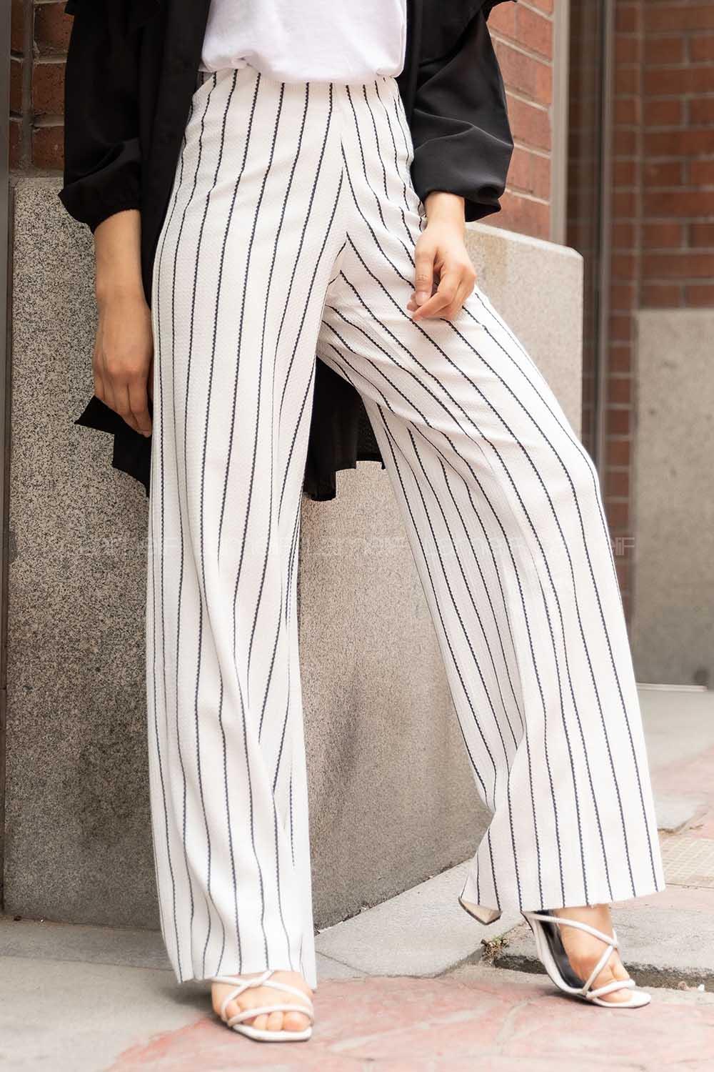 Modalamelif  Büzgülü Çizgi Desen Pantolon Beyaz-Siyah