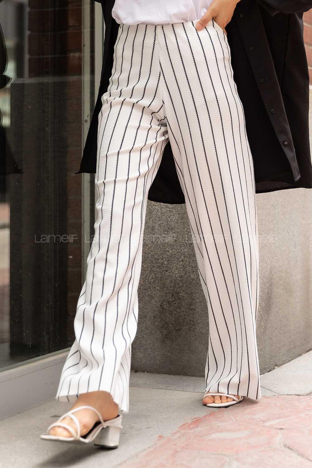 Modalamelif  Büzgülü Çizgi Desen Pantolon Beyaz-Siyah
