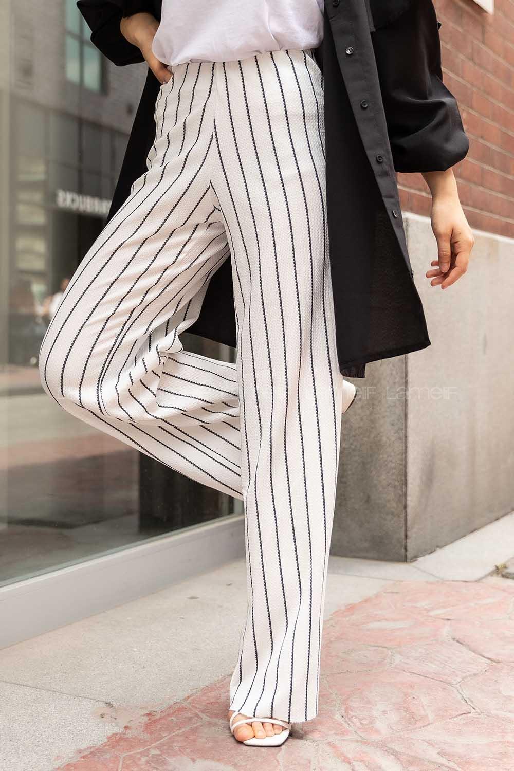 Modalamelif  Büzgülü Çizgi Desen Pantolon Beyaz-Siyah