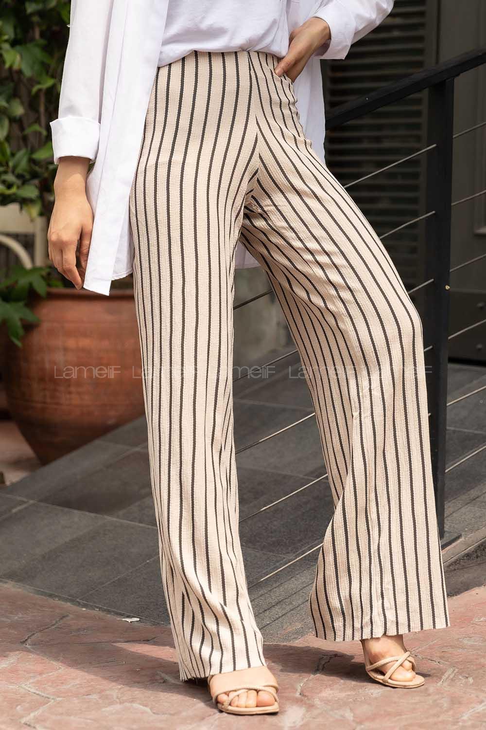 Modalamelif  Büzgülü Çizgi Desen Pantolon Krem-Siyah