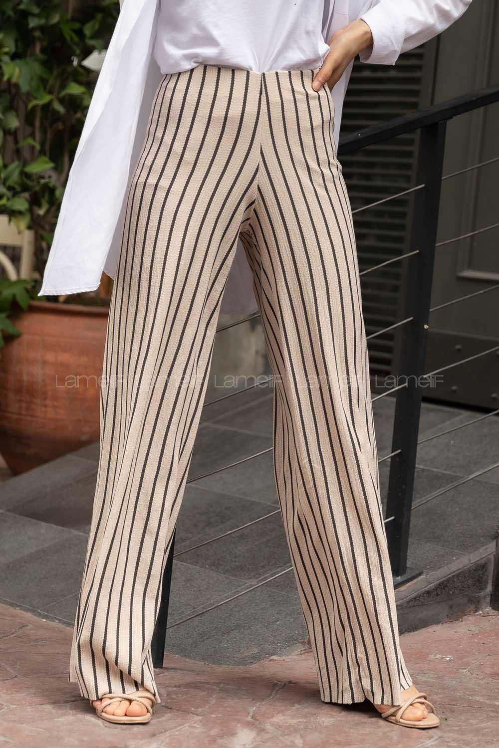 Modalamelif  Büzgülü Çizgi Desen Pantolon Krem-Siyah