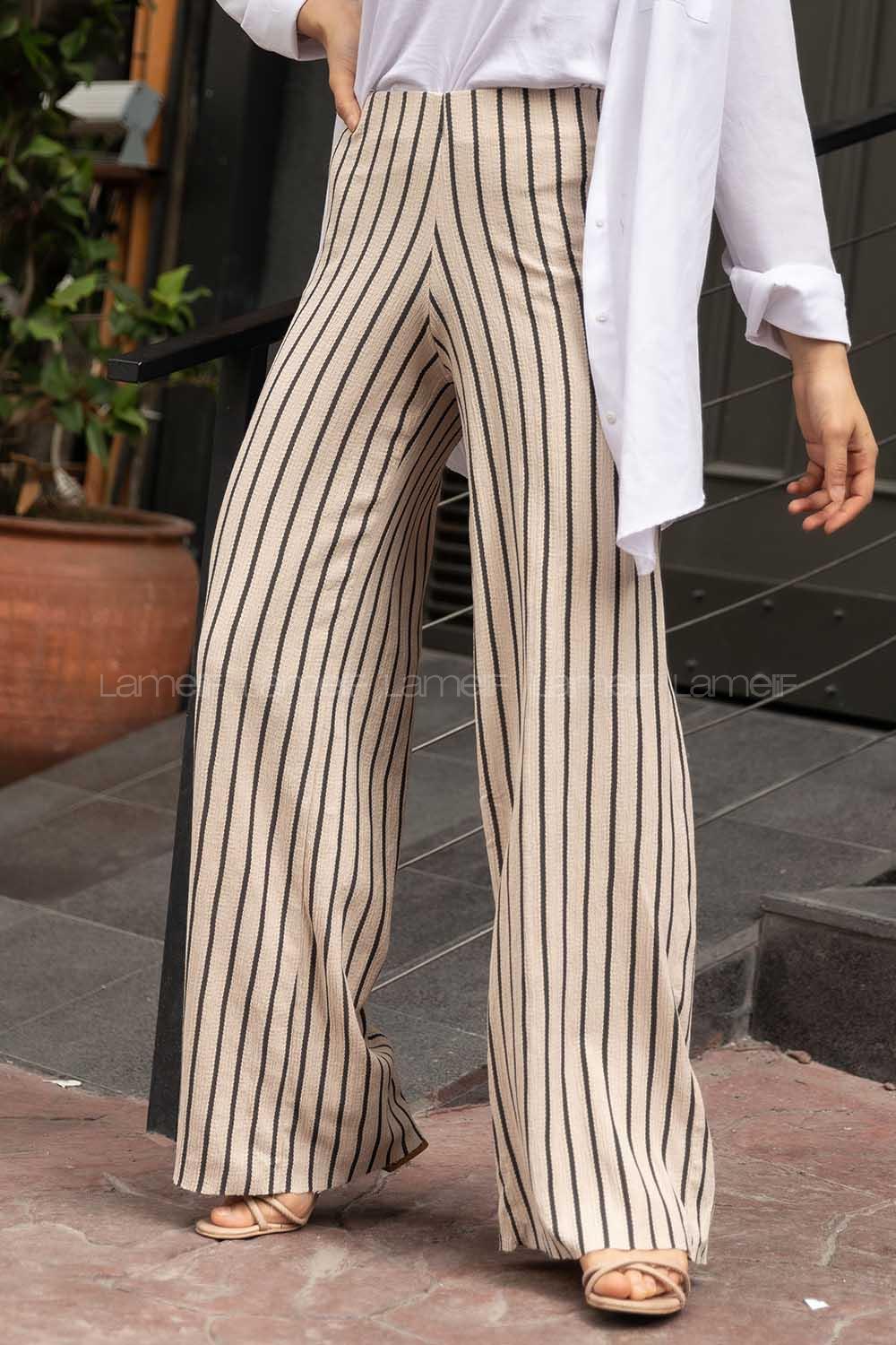 Modalamelif  Büzgülü Çizgi Desen Pantolon Krem-Siyah