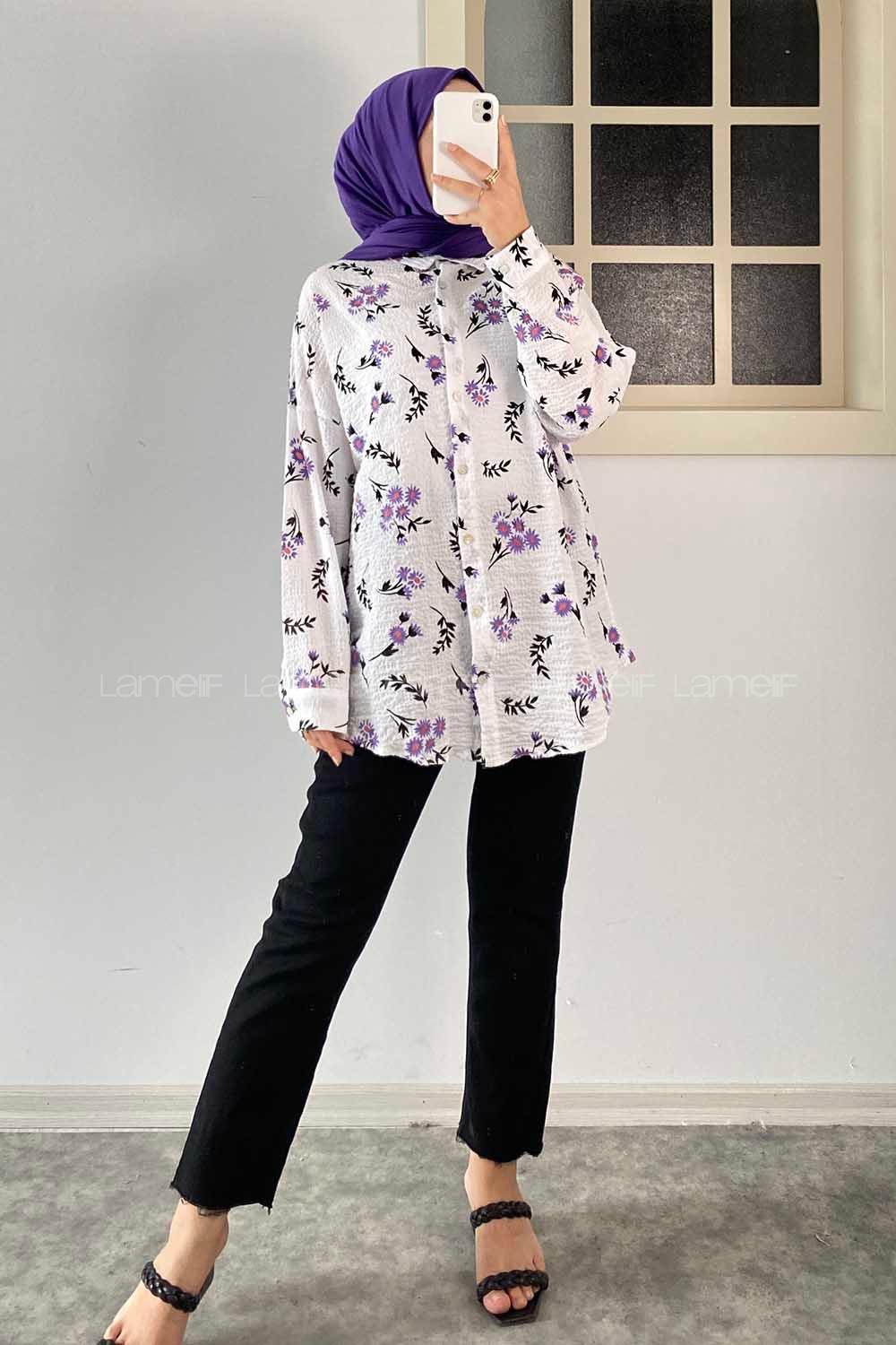 Modalamelif Çiçek Baskı Detaylı Gofre Gömlek Lila