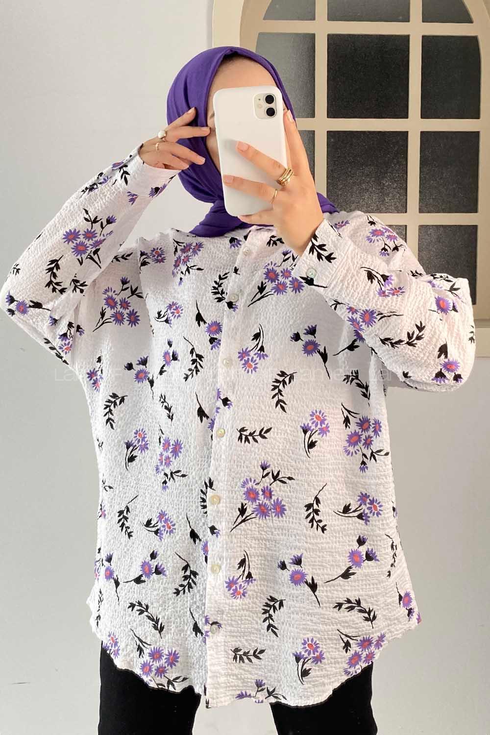 Modalamelif Çiçek Baskı Detaylı Gofre Gömlek Lila