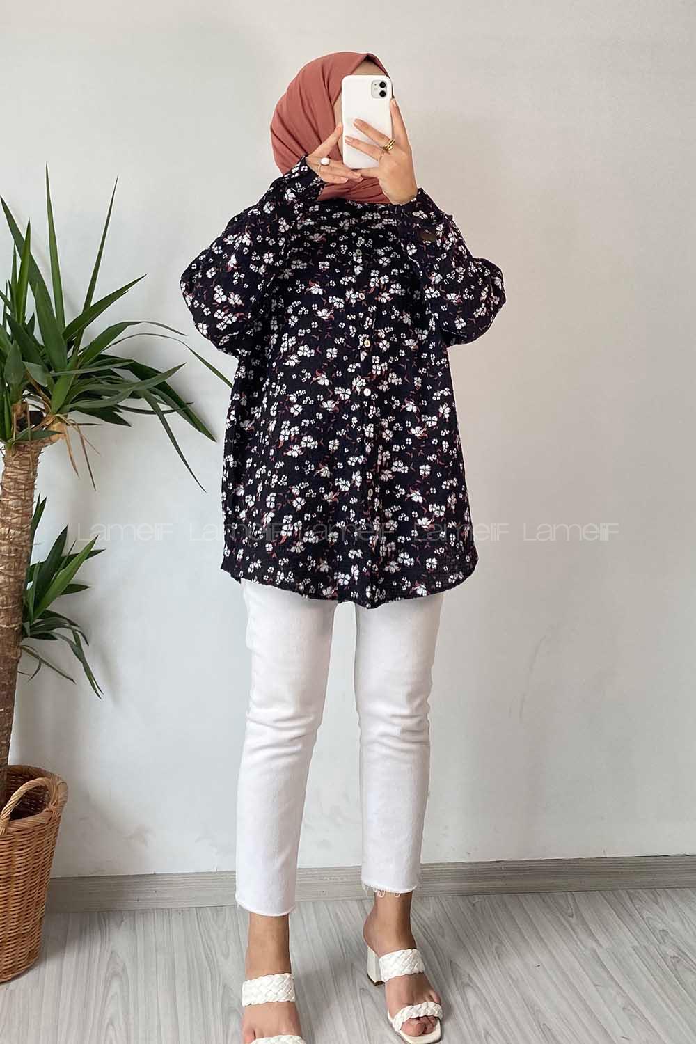Modalamelif Çiçek Baskı Detaylı Gofre Gömlek Siyah