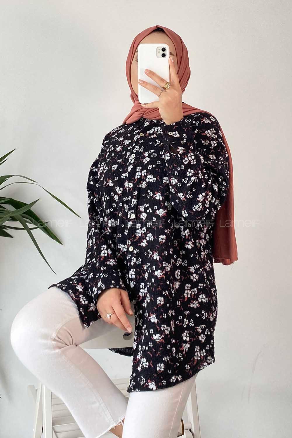 Modalamelif Çiçek Baskı Detaylı Gofre Gömlek Siyah