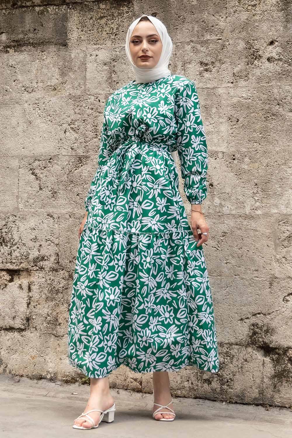 Modalamelif Çiçek Desen Kuşak Bağlamalı Elbise Yeşil