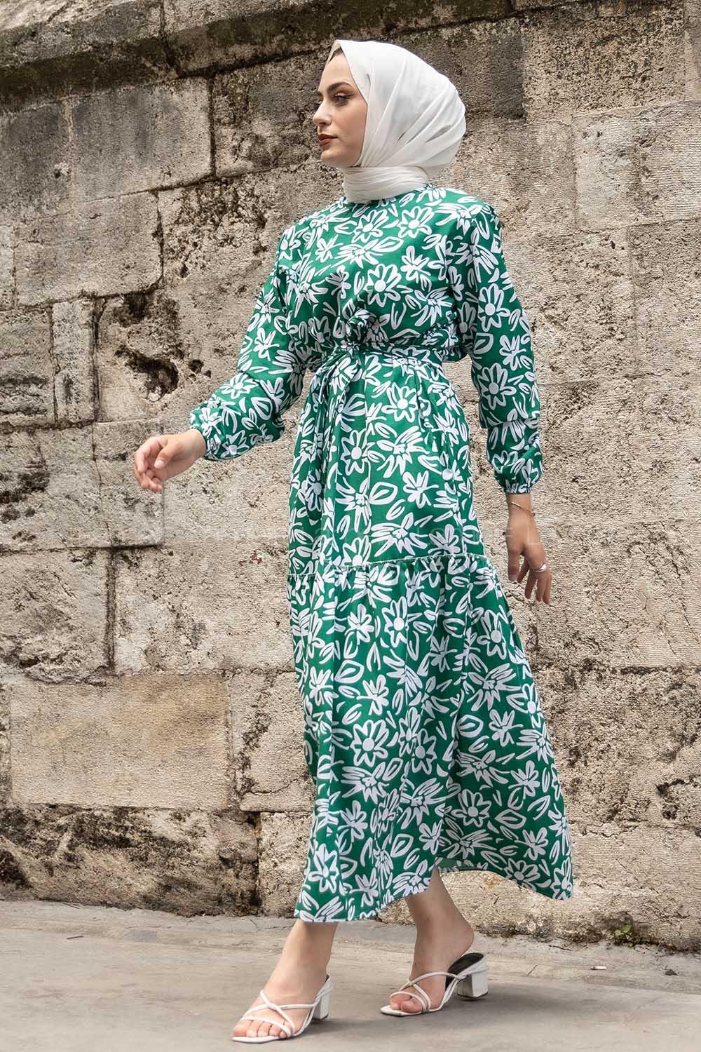 Modalamelif Çiçek Desen Kuşak Bağlamalı Elbise Yeşil