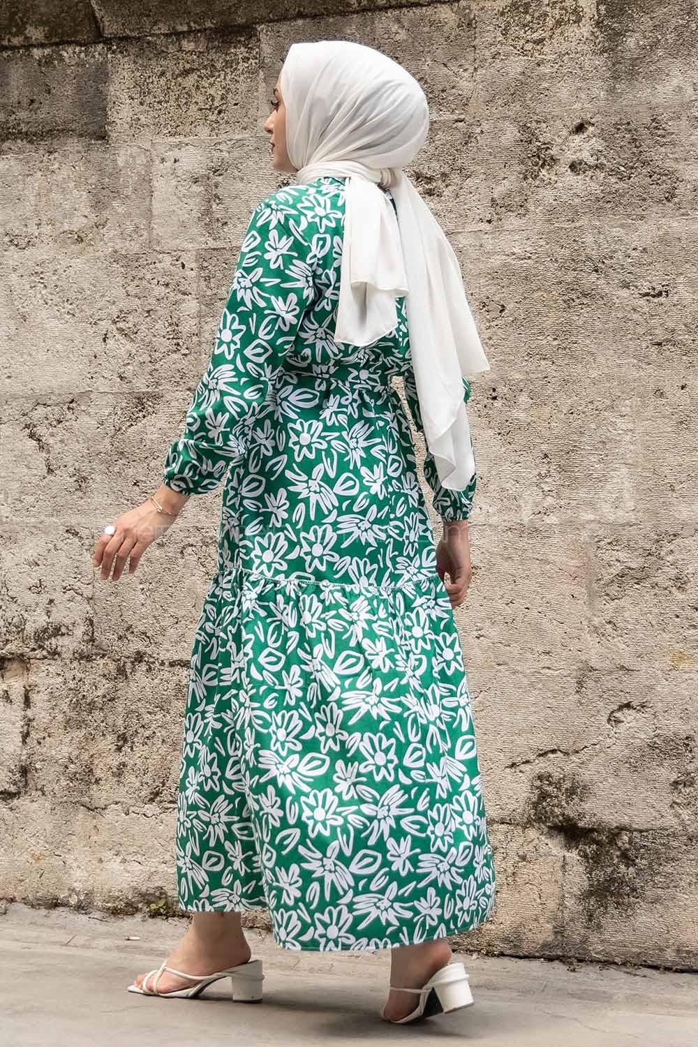 Modalamelif Çiçek Desen Kuşak Bağlamalı Elbise Yeşil