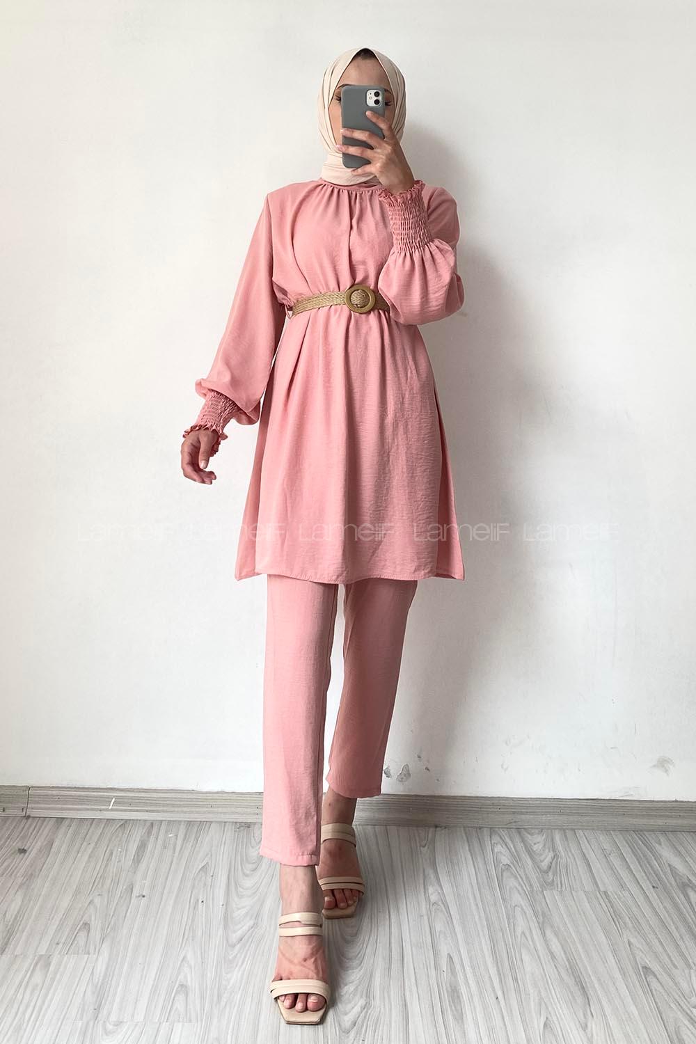 Modalamelif Hasır Kemerli Kolu Lastikli İkili Takım Pembe