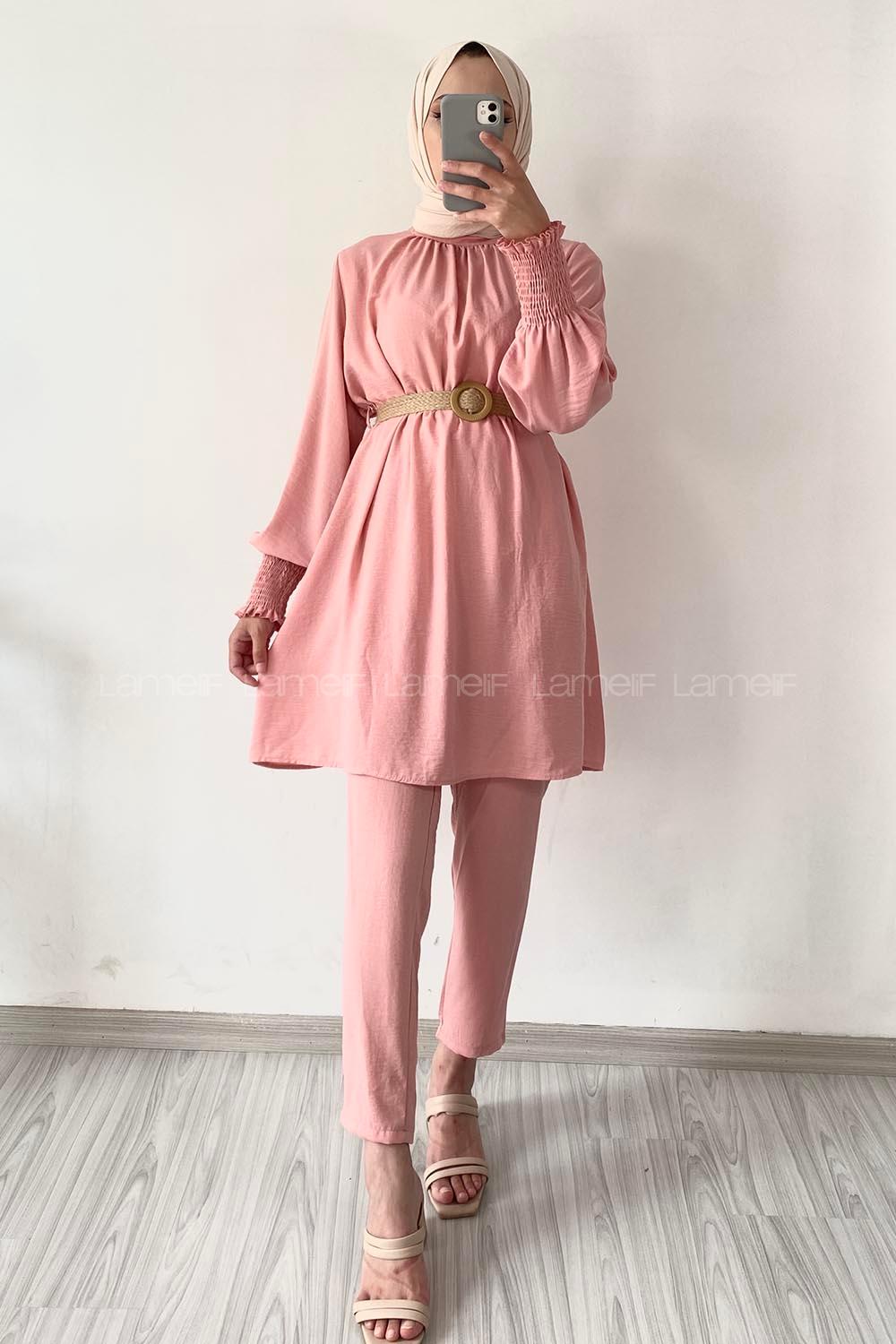 Modalamelif Hasır Kemerli Kolu Lastikli İkili Takım Pembe