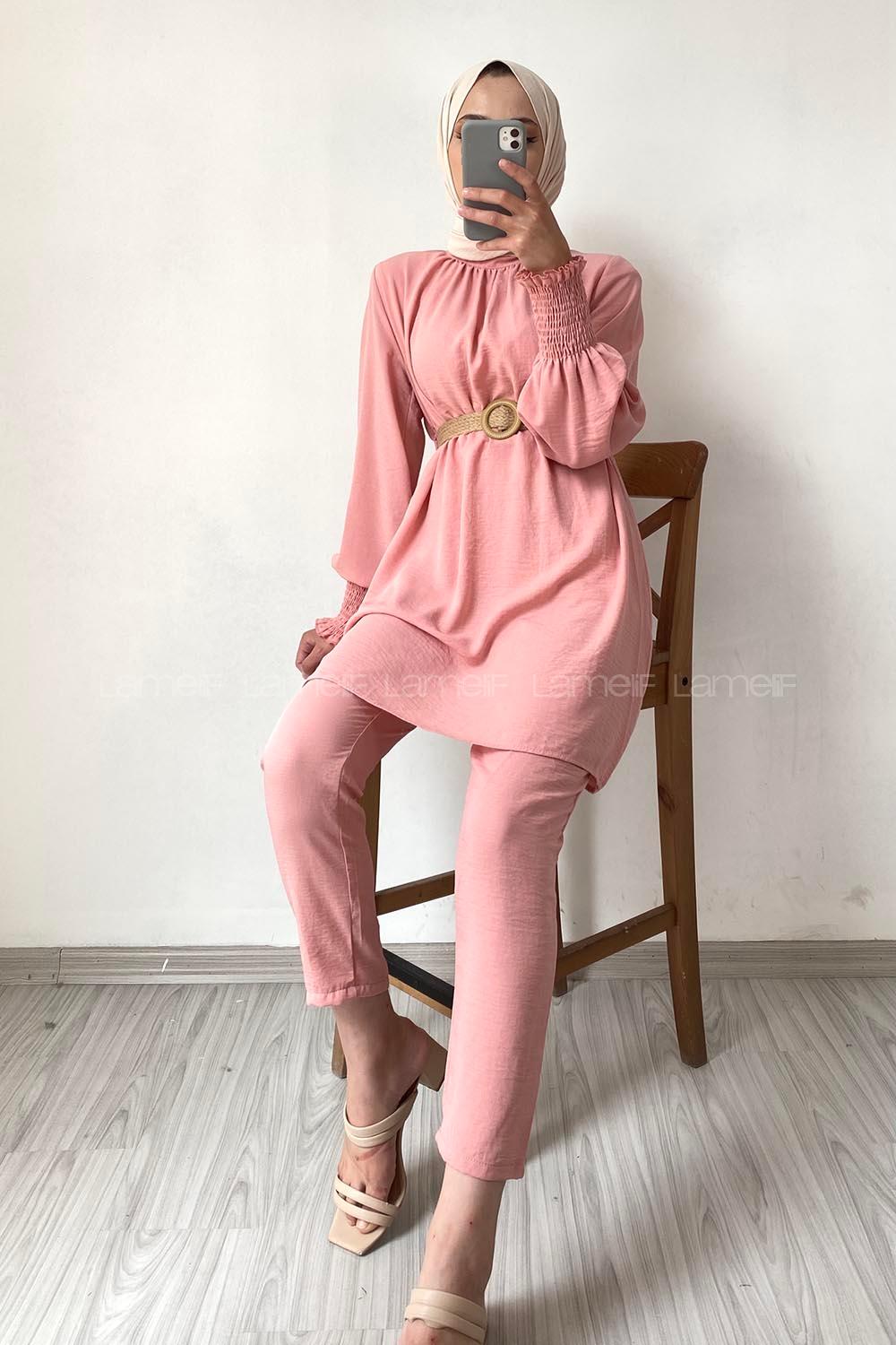 Modalamelif Hasır Kemerli Kolu Lastikli İkili Takım Pembe