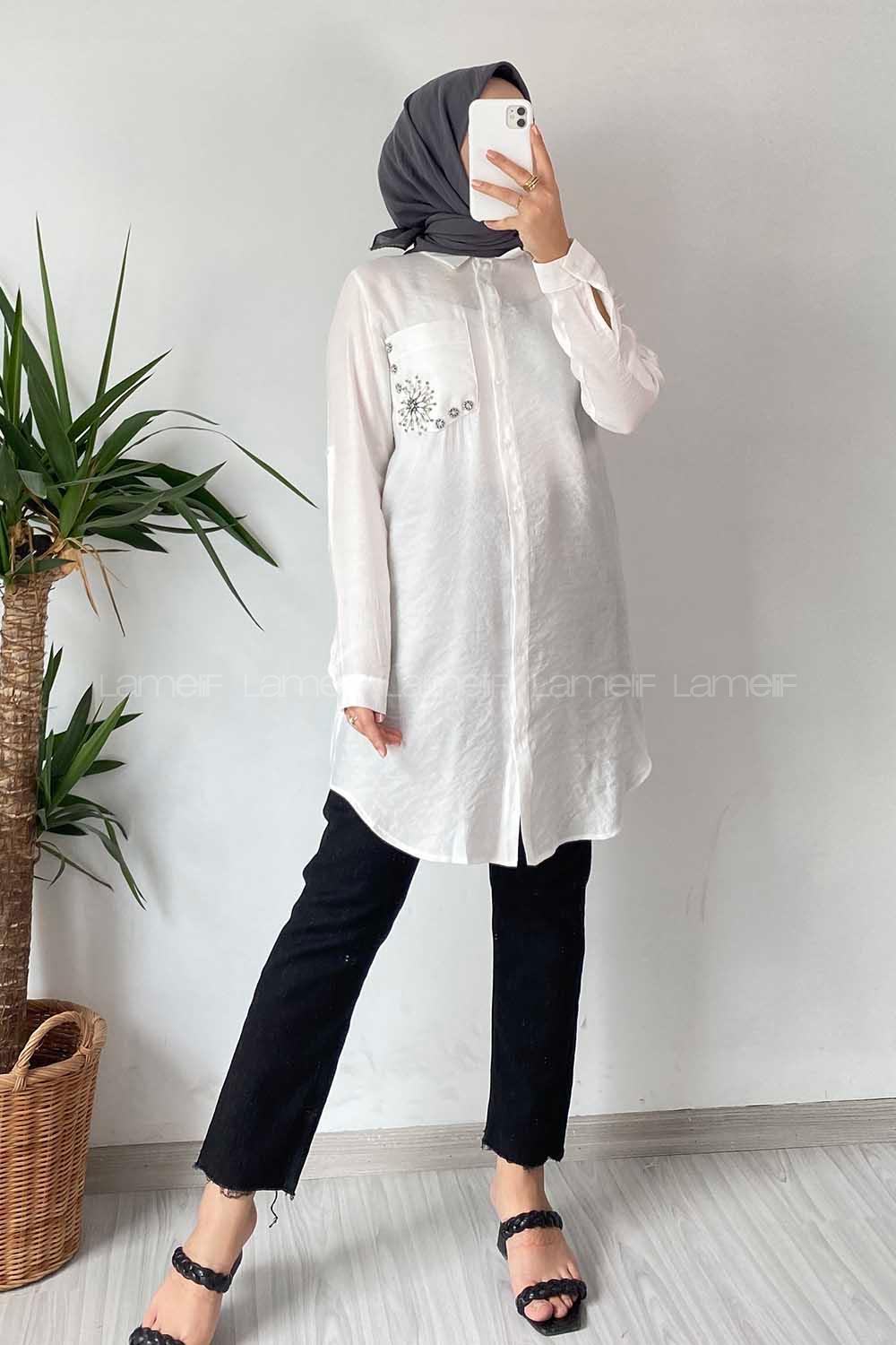 Modalamelif Ön Tek Cep Taş Detaylı Gömlek Ekru