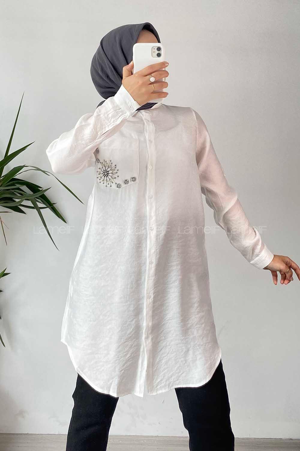 Modalamelif Ön Tek Cep Taş Detaylı Gömlek Ekru