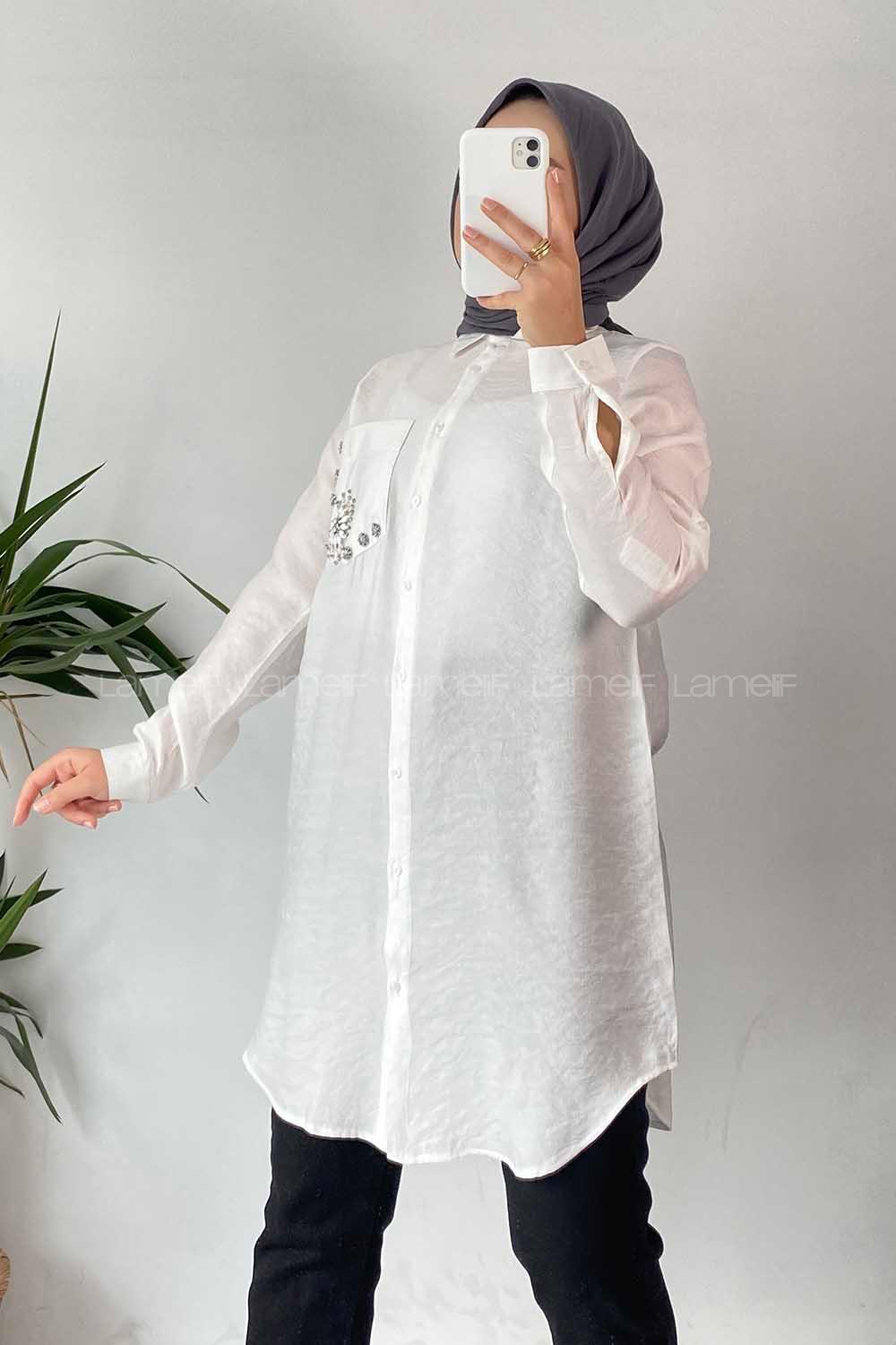 Modalamelif Ön Tek Cep Taş Detaylı Gömlek Ekru