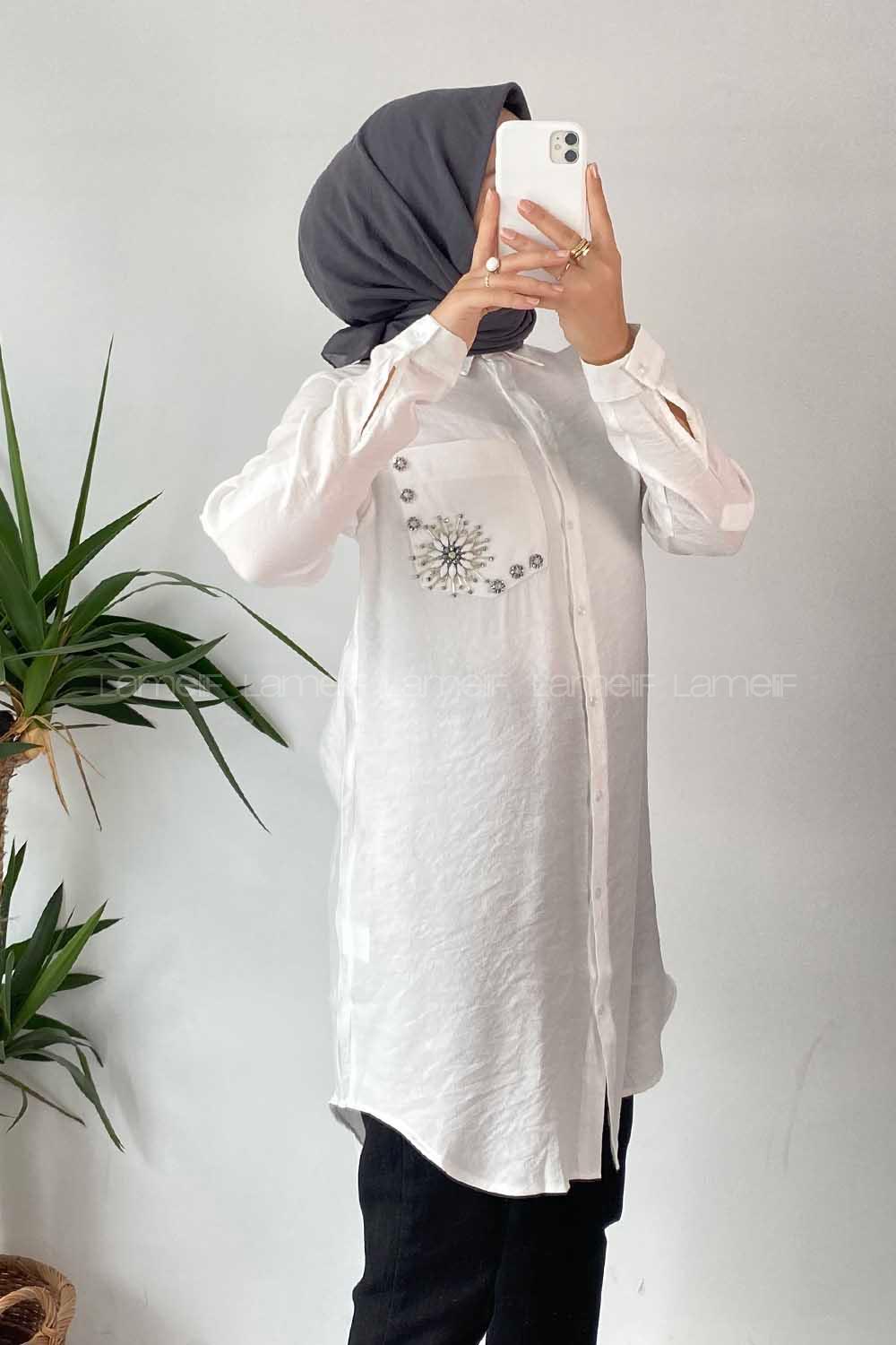 Modalamelif Ön Tek Cep Taş Detaylı Gömlek Ekru