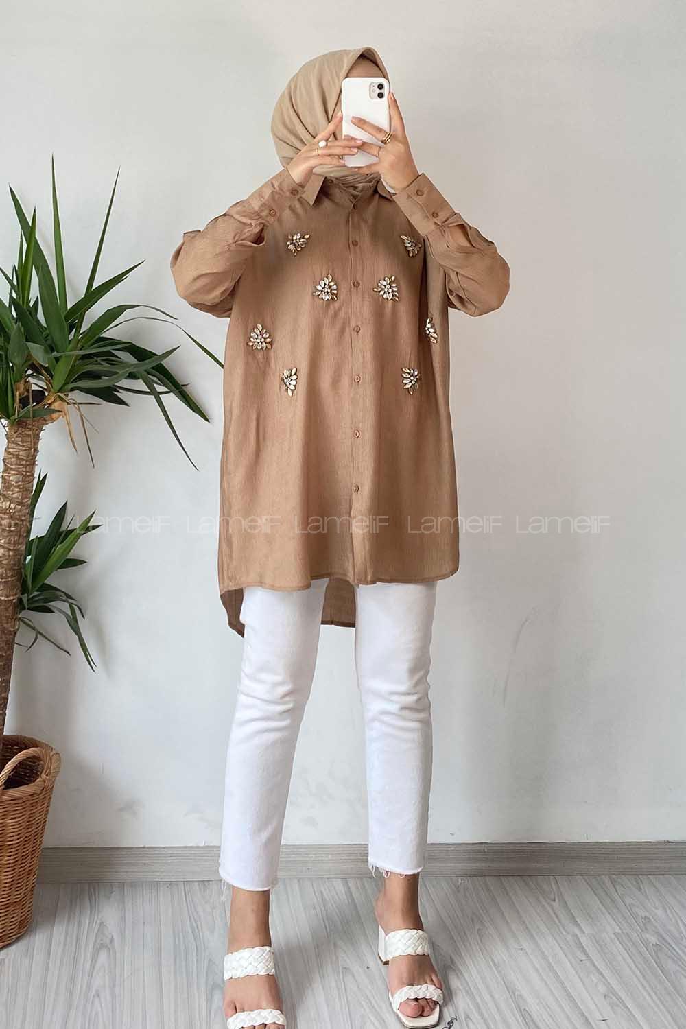 Modalamelif Önü Boydan Düğmeli Taş Detaylı Gömlek Camel
