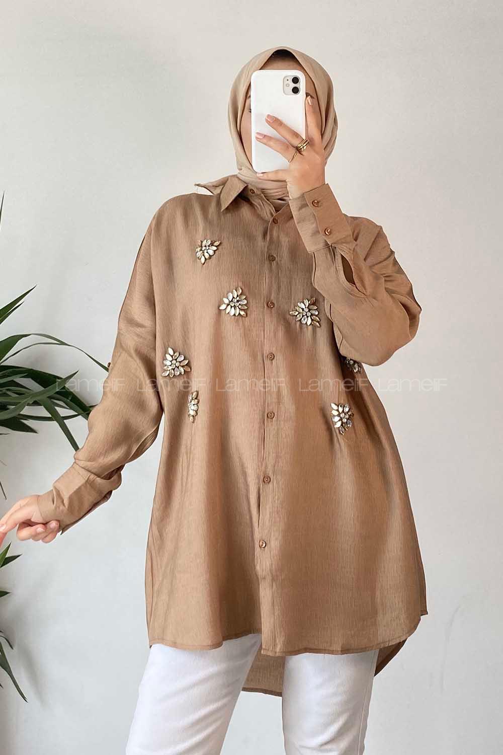 Modalamelif Önü Boydan Düğmeli Taş Detaylı Gömlek Camel