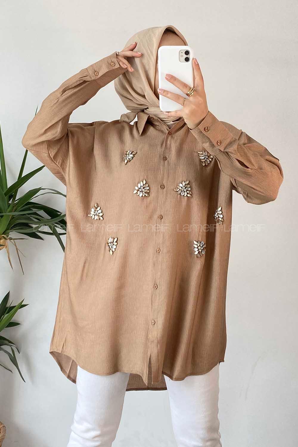 Modalamelif Önü Boydan Düğmeli Taş Detaylı Gömlek Camel