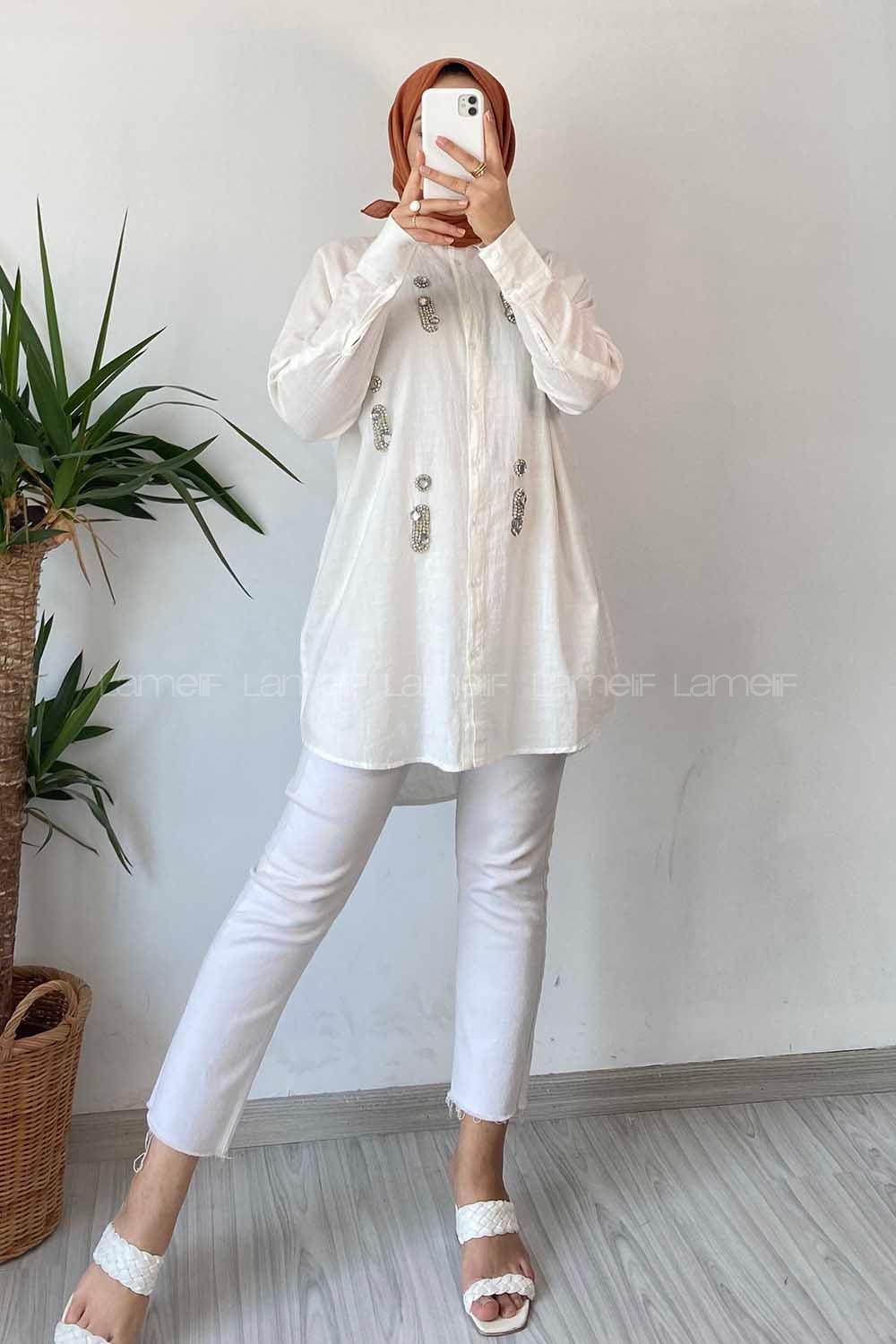 Modalamelif Önü Boydan Düğmeli Taş Detaylı Gömlek Ekru
