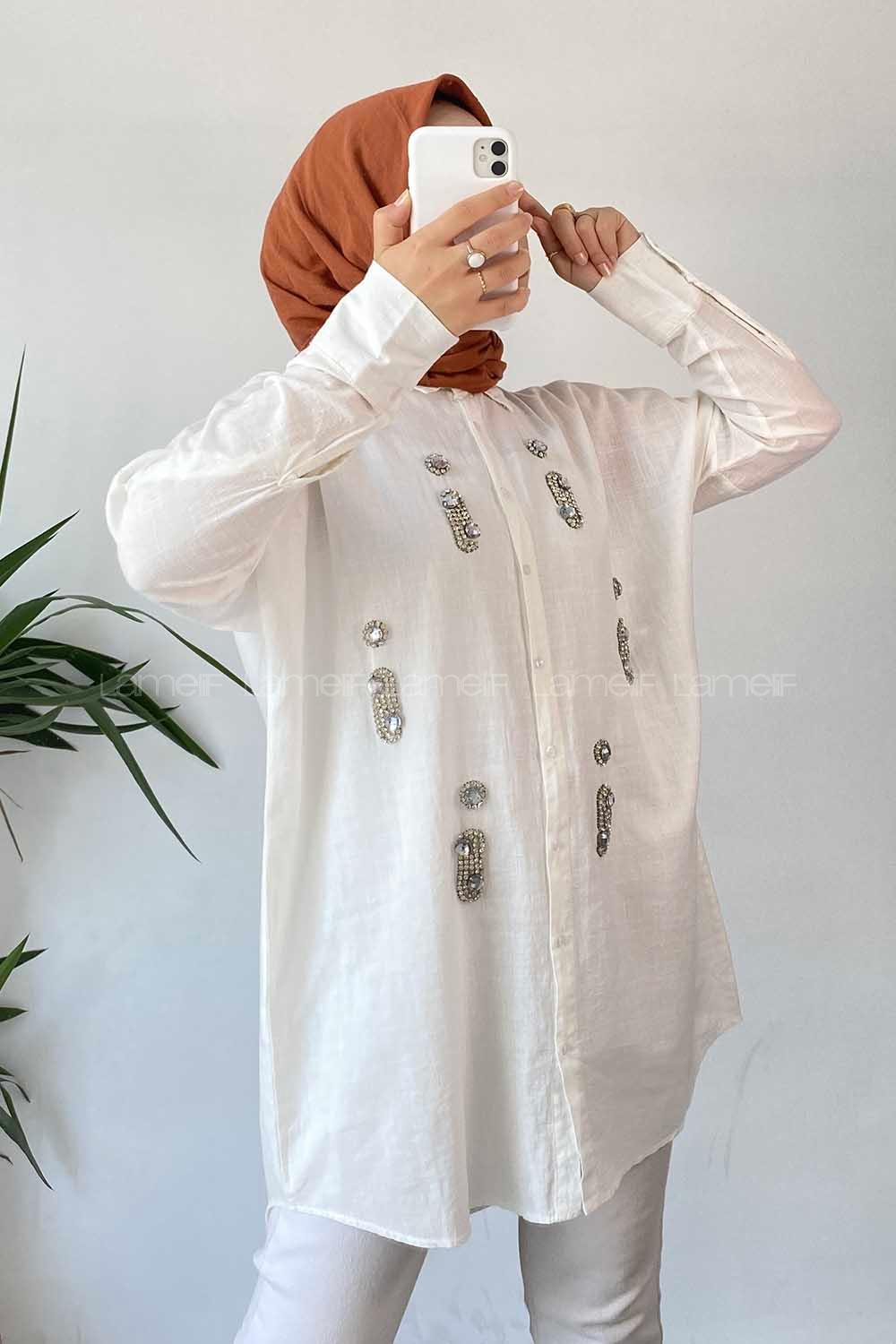 Modalamelif Önü Boydan Düğmeli Taş Detaylı Gömlek Ekru