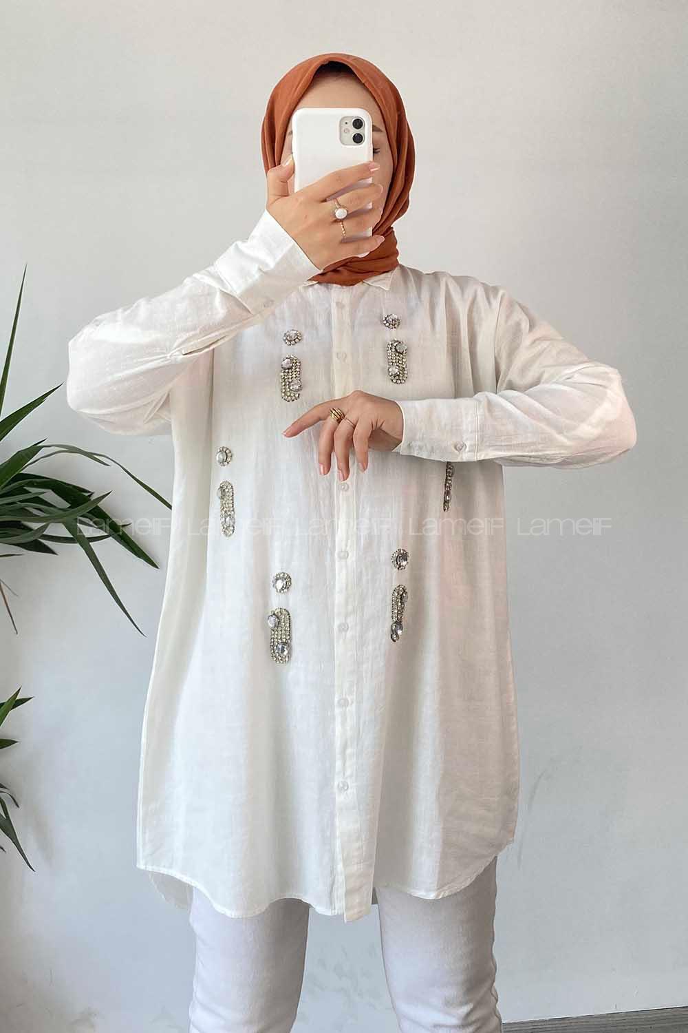 Modalamelif Önü Boydan Düğmeli Taş Detaylı Gömlek Ekru