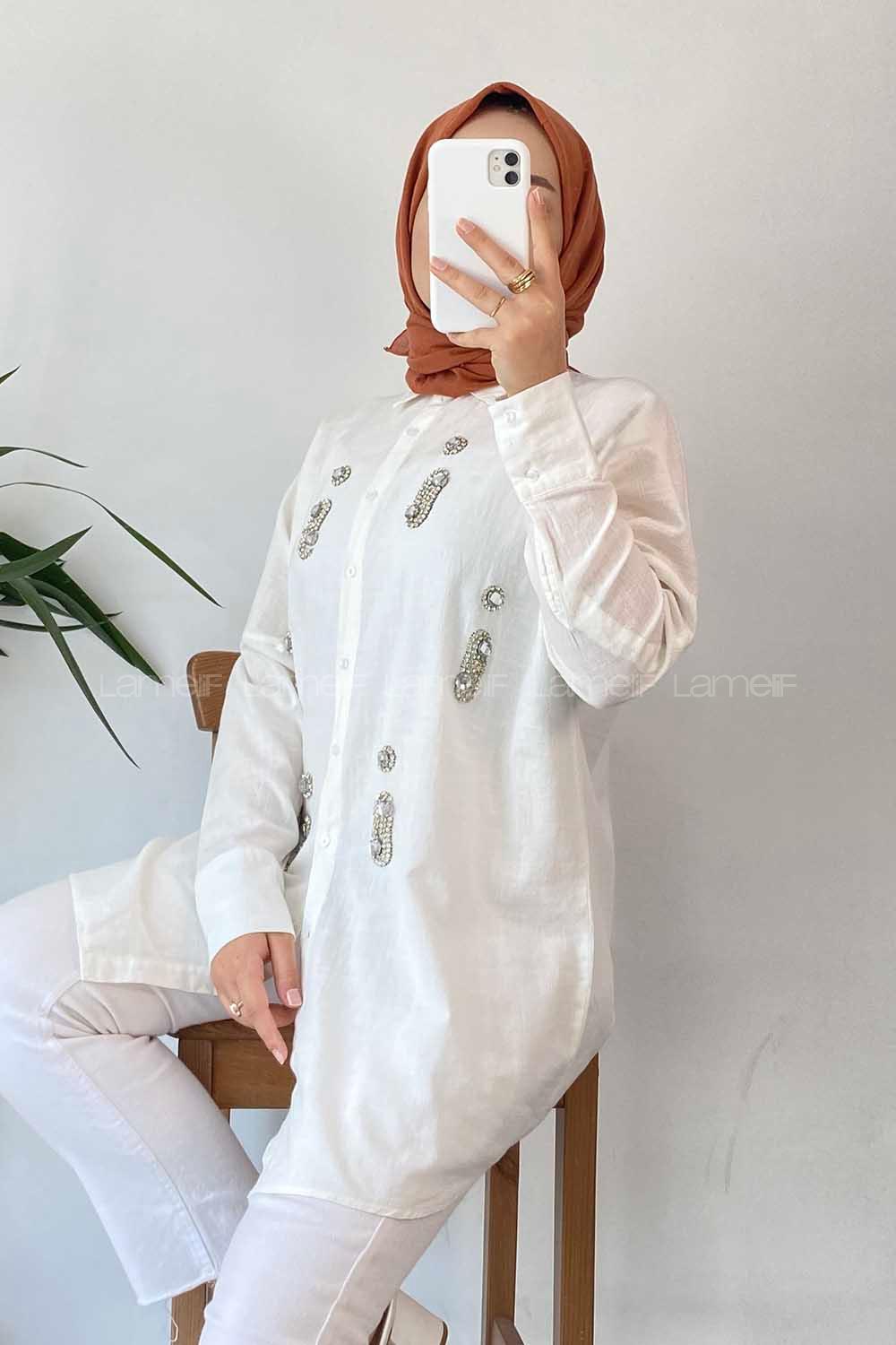 Modalamelif Önü Boydan Düğmeli Taş Detaylı Gömlek Ekru