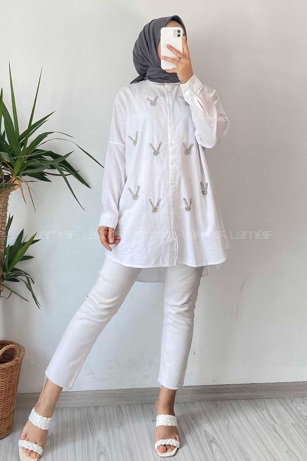 Modalamelif Önü Boydan Düğmeli Taş Detaylı Gömlek Ekru