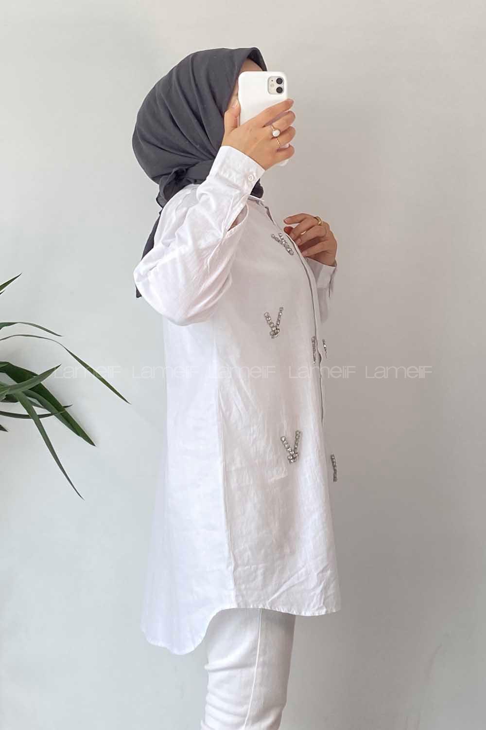 Modalamelif Önü Boydan Düğmeli Taş Detaylı Gömlek Ekru