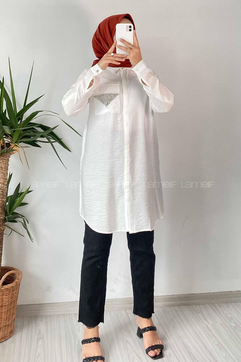 Modalamelif Önü Boydan Gizli Düğmeli Cep Taş Detaylı Gömlek Ekru