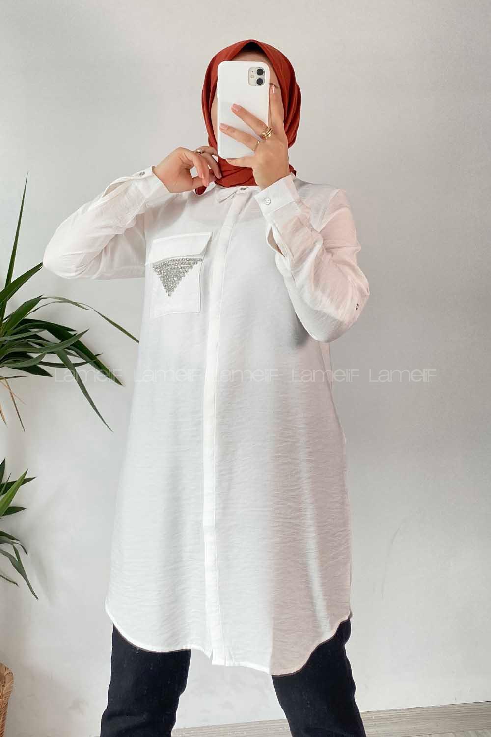 Modalamelif Önü Boydan Gizli Düğmeli Cep Taş Detaylı Gömlek Ekru