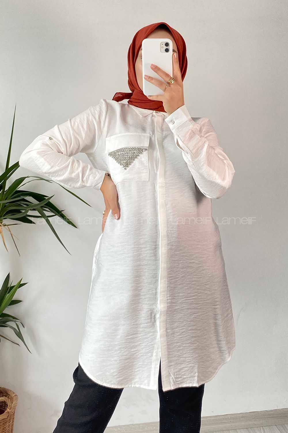 Modalamelif Önü Boydan Gizli Düğmeli Cep Taş Detaylı Gömlek Ekru