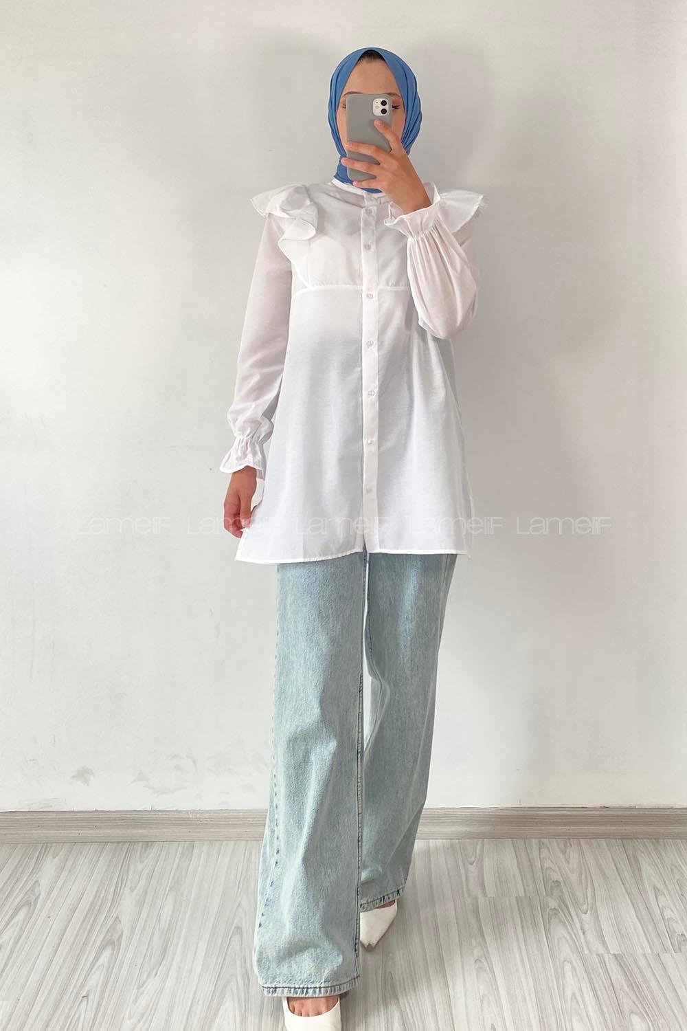 Modalamelif Önü Düğmeli Omuz Fırfır Detaytlı Gömlek Beyaz