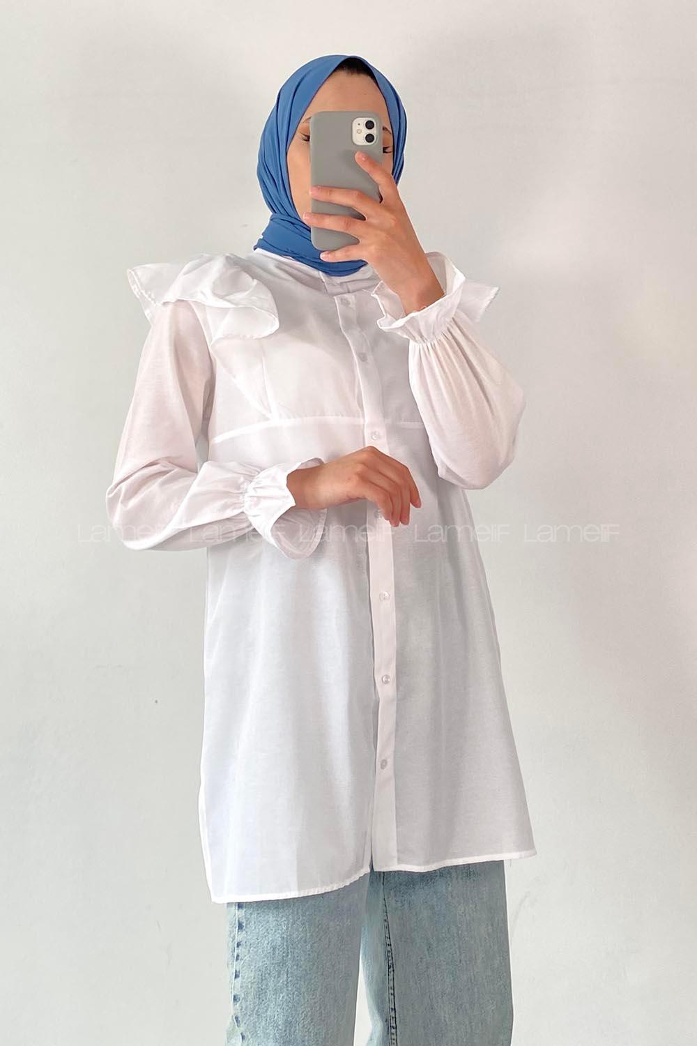 Modalamelif Önü Düğmeli Omuz Fırfır Detaytlı Gömlek Beyaz