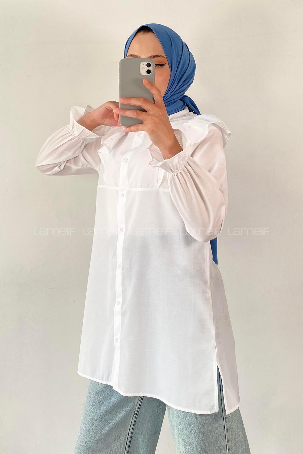 Modalamelif Önü Düğmeli Omuz Fırfır Detaytlı Gömlek Beyaz