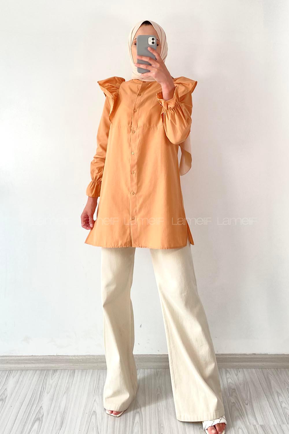 Modalamelif Önü Düğmeli Omuz Fırfır Detaytlı Gömlek Camel
