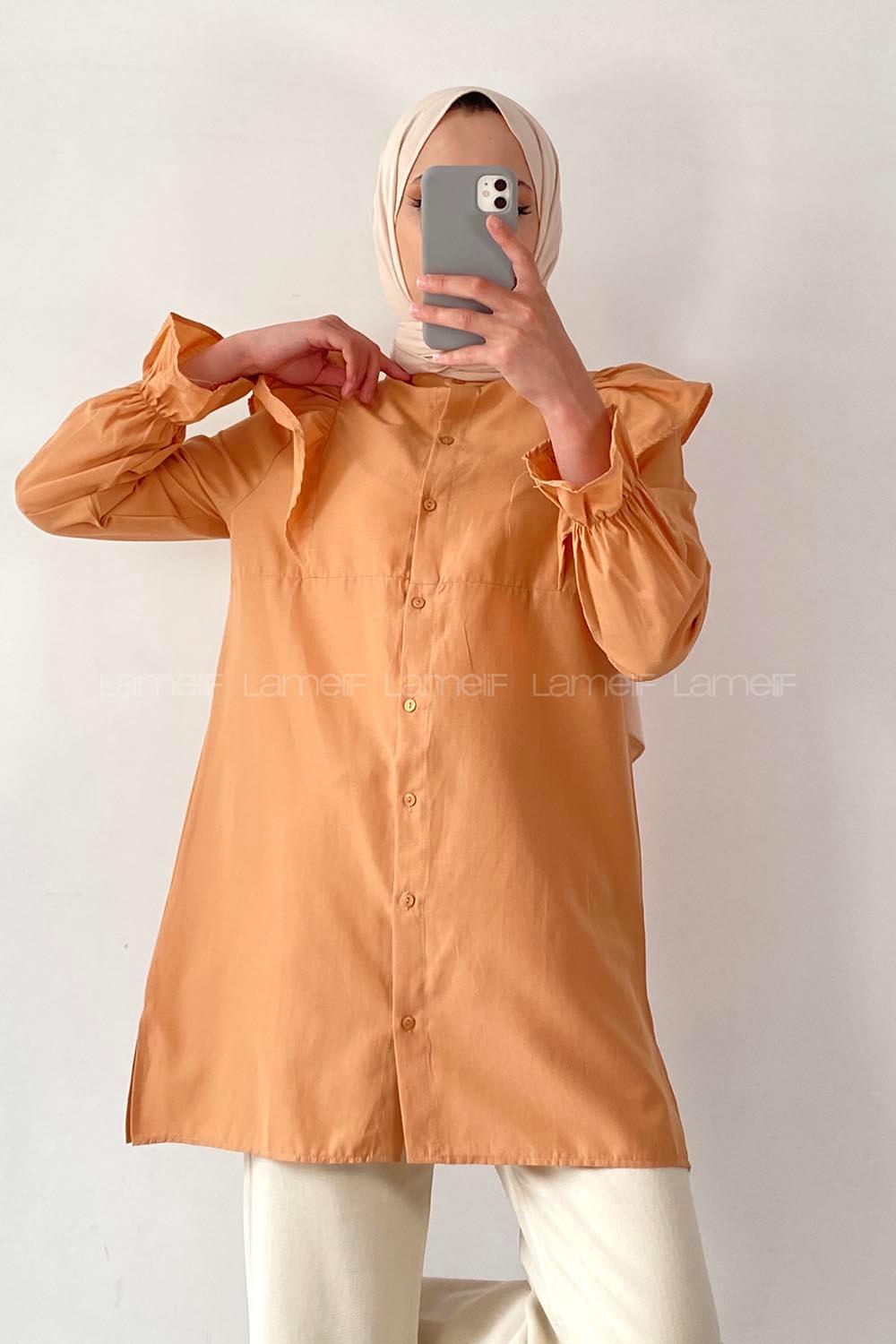 Modalamelif Önü Düğmeli Omuz Fırfır Detaytlı Gömlek Camel