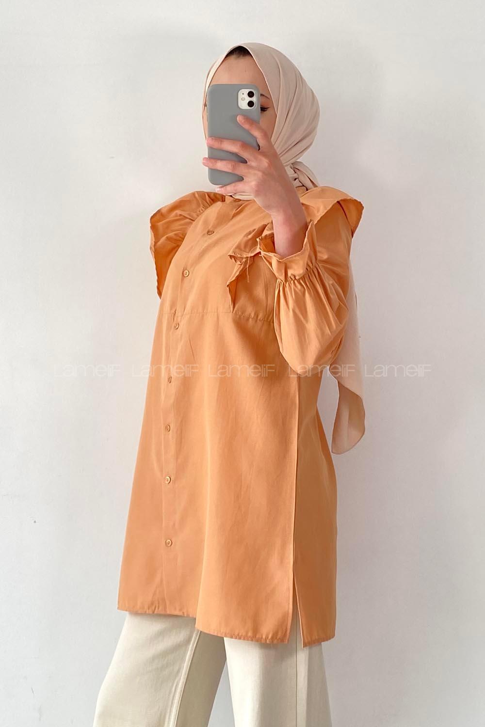 Modalamelif Önü Düğmeli Omuz Fırfır Detaytlı Gömlek Camel