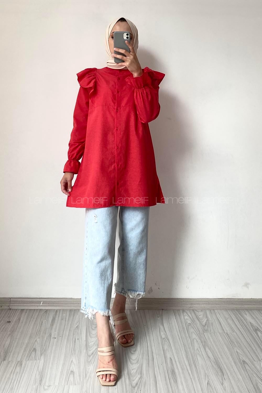 Modalamelif Önü Düğmeli Omuz Fırfır Detaytlı Gömlek Kırmızı