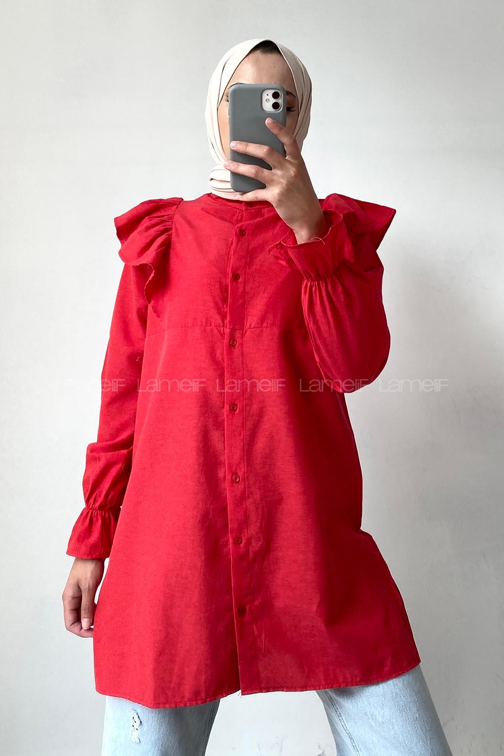 Modalamelif Önü Düğmeli Omuz Fırfır Detaytlı Gömlek Kırmızı