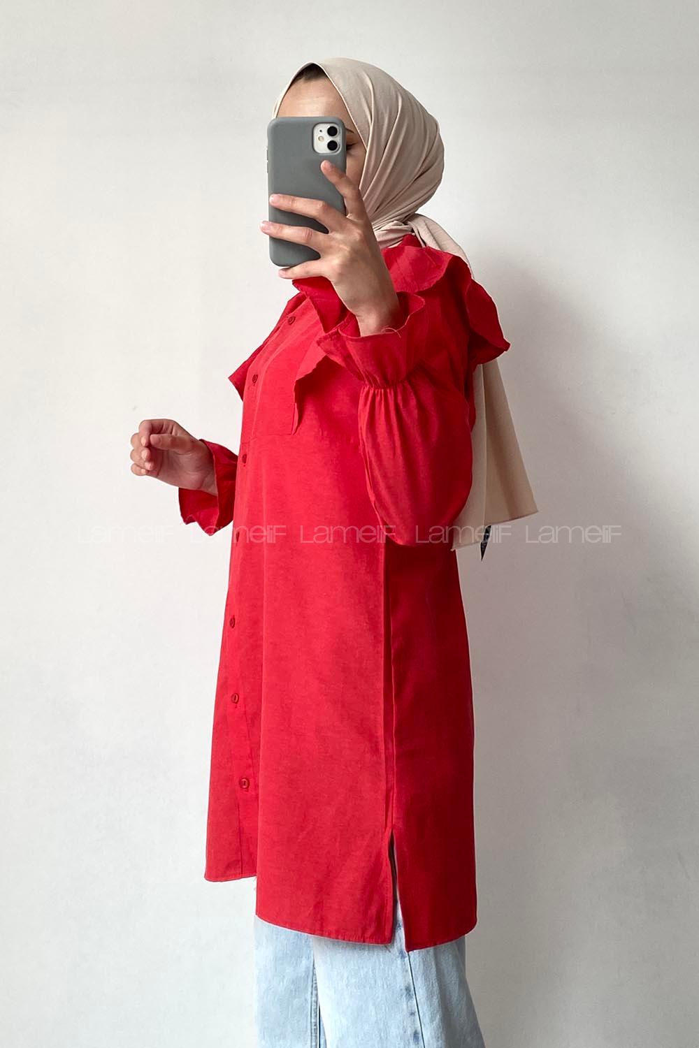 Modalamelif Önü Düğmeli Omuz Fırfır Detaytlı Gömlek Kırmızı