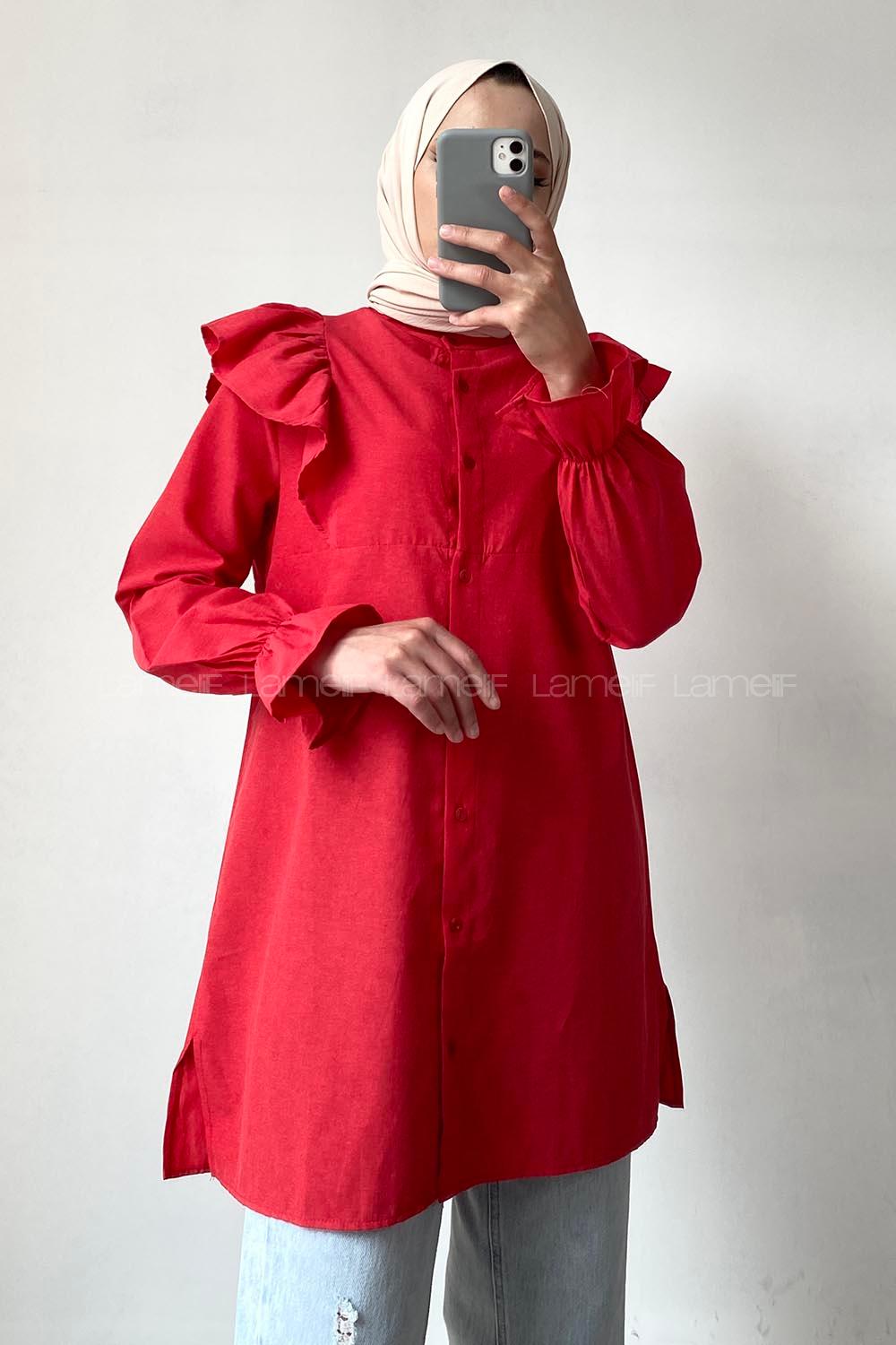 Modalamelif Önü Düğmeli Omuz Fırfır Detaytlı Gömlek Kırmızı