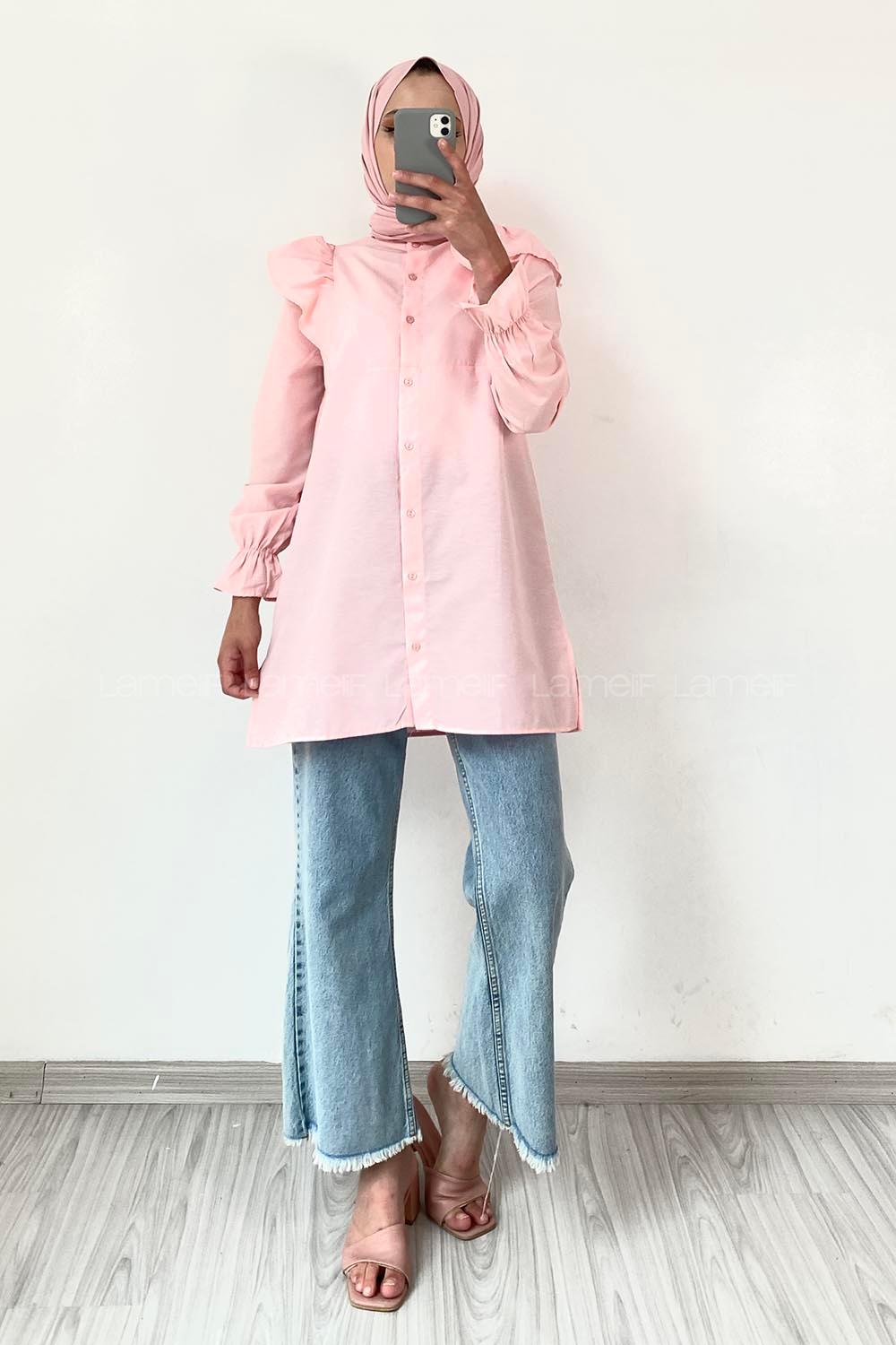 Modalamelif Önü Düğmeli Omuz Fırfır Detaytlı Gömlek Pembe