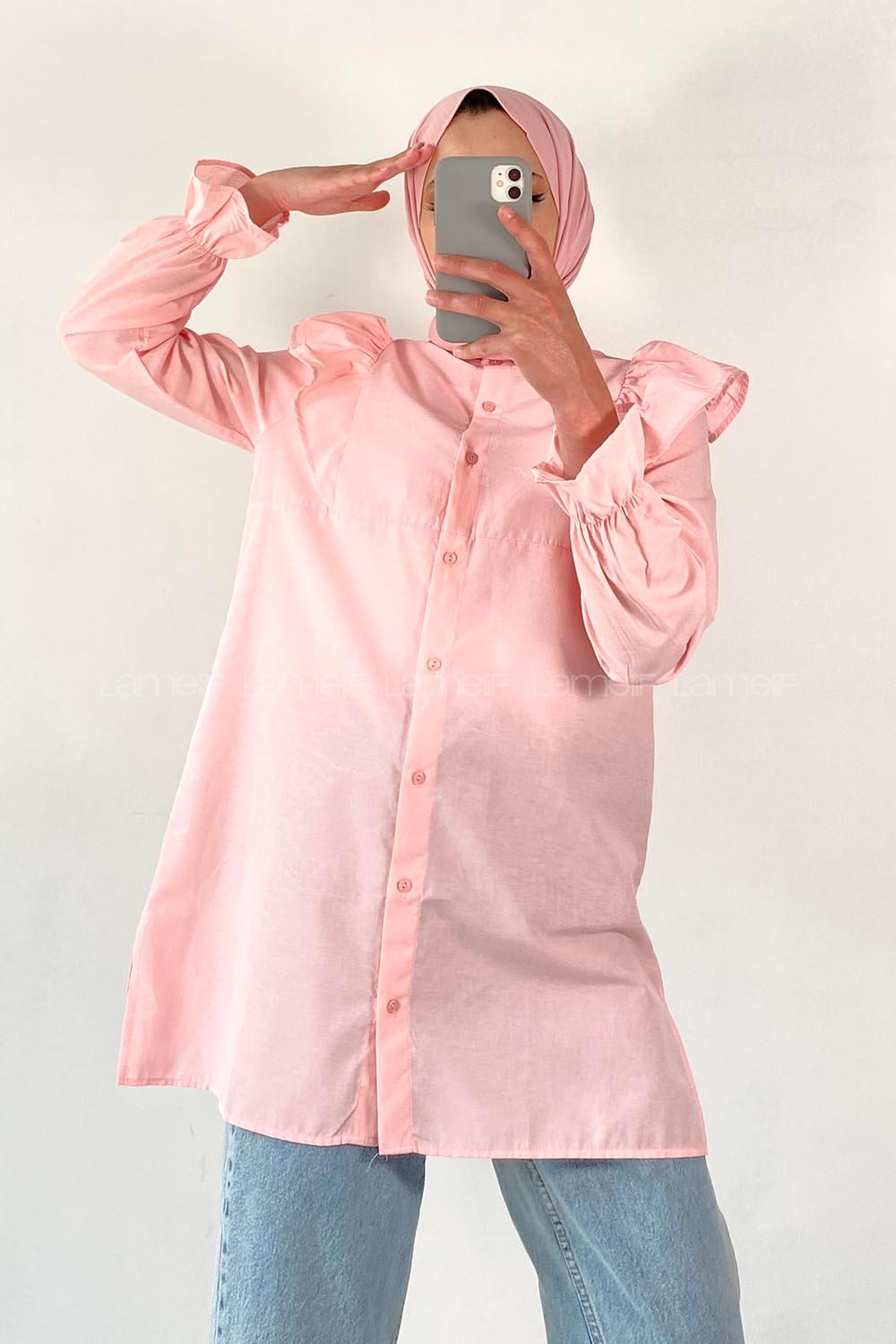 Modalamelif Önü Düğmeli Omuz Fırfır Detaytlı Gömlek Pembe