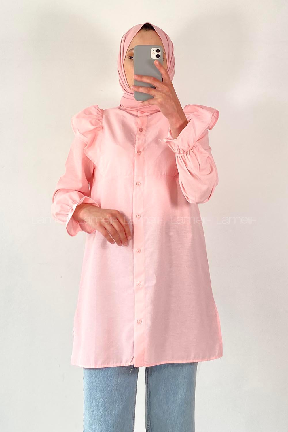 Modalamelif Önü Düğmeli Omuz Fırfır Detaytlı Gömlek Pembe