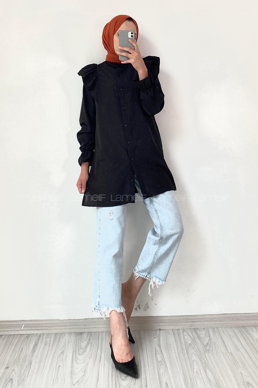 Modalamelif Önü Düğmeli Omuz Fırfır Detaytlı Gömlek Siyah