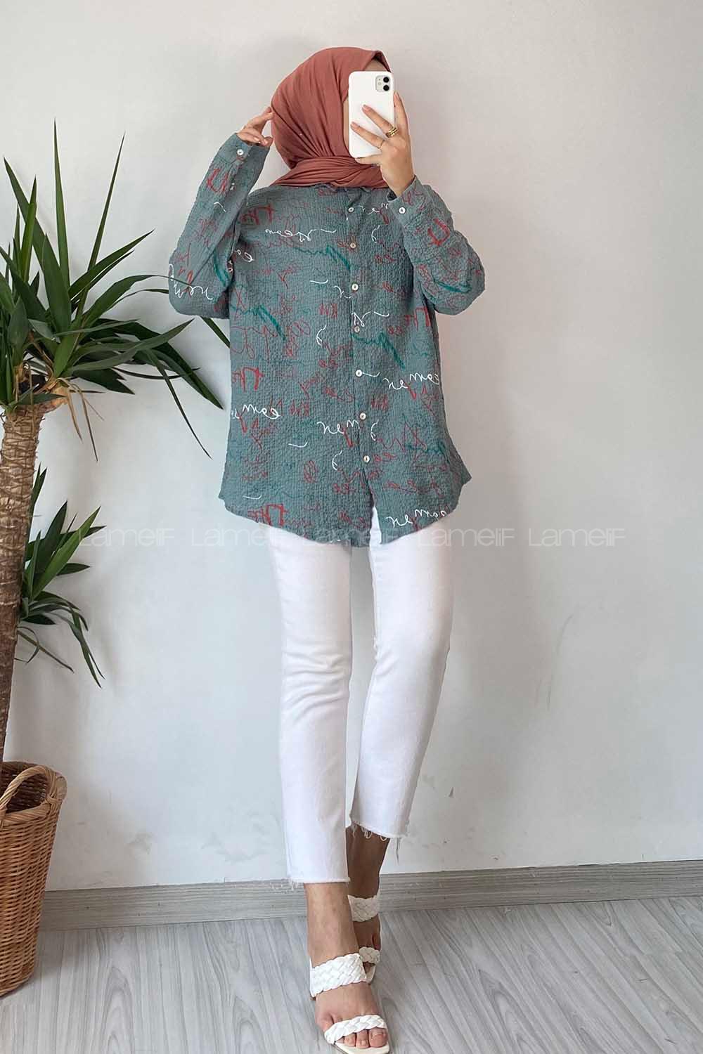 Modalamelif Yazı Baskı Detaylı Gofre Gömlek Mint