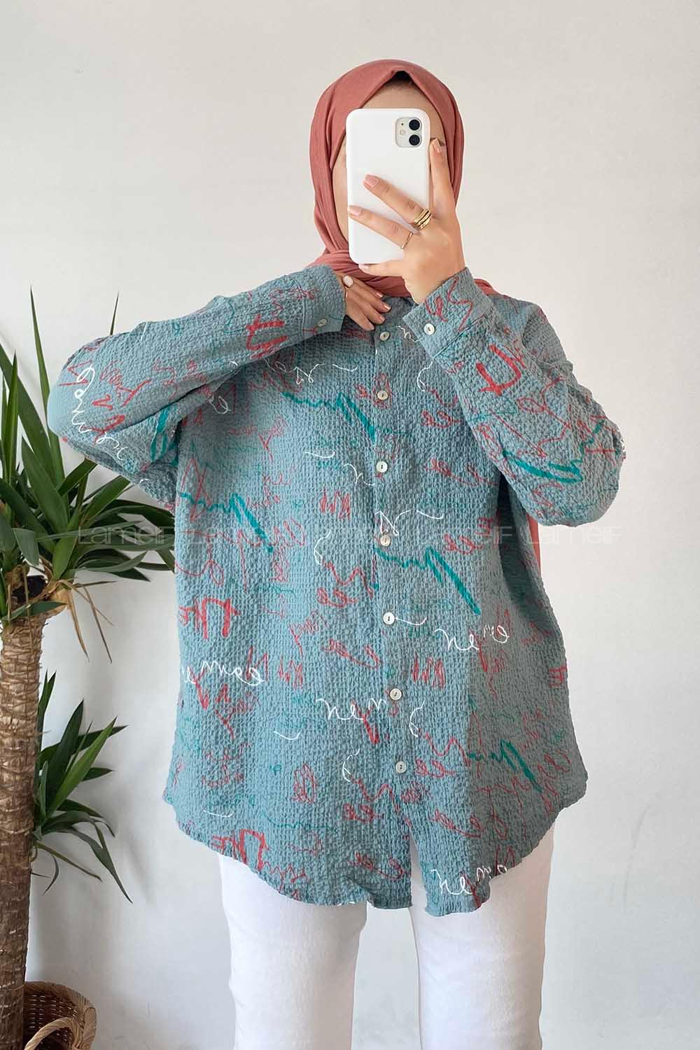 Modalamelif Yazı Baskı Detaylı Gofre Gömlek Mint